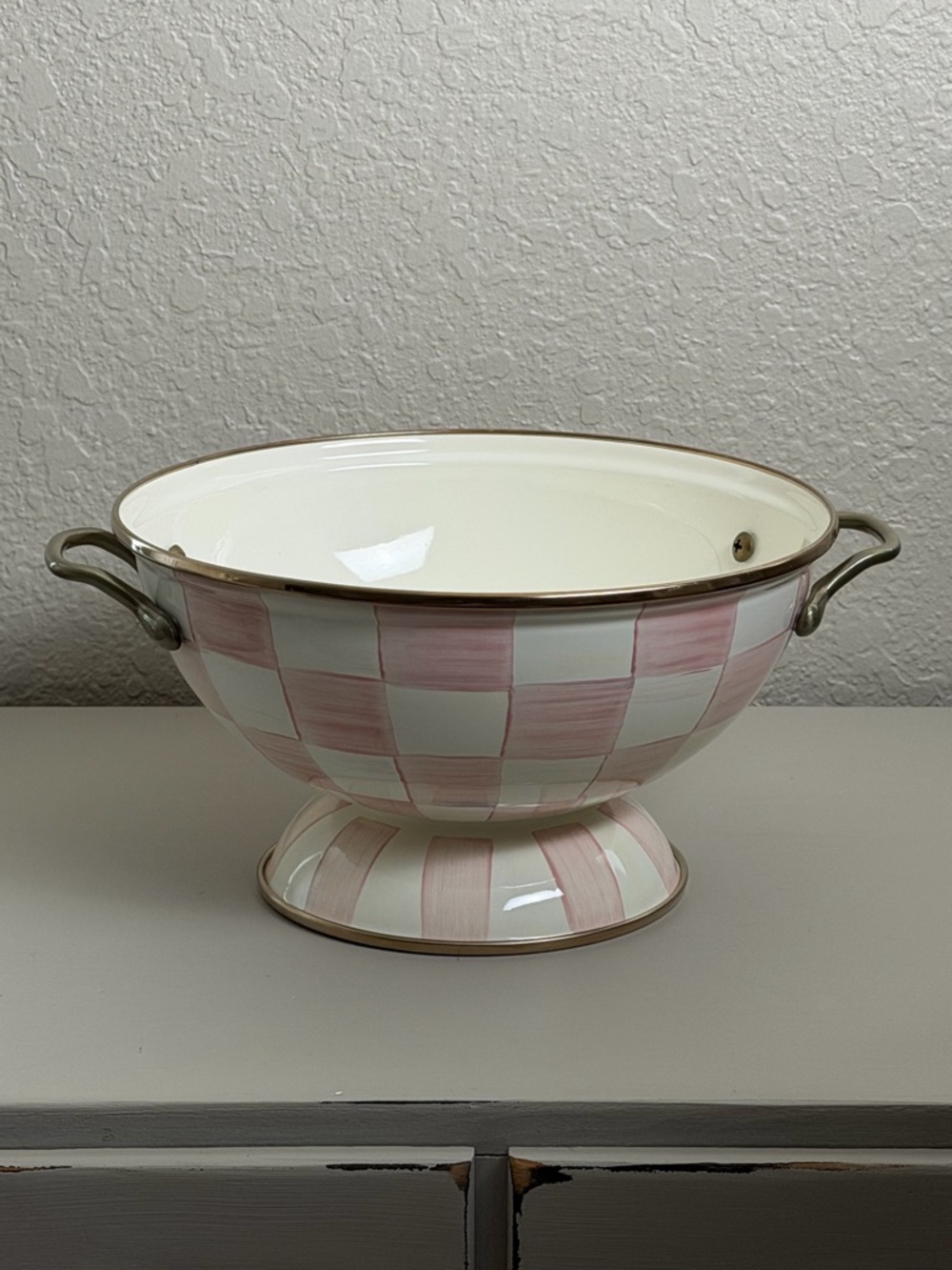 MacKenzie-Childs Rosy Check Almost Everything Pedestal Bowl Enamel